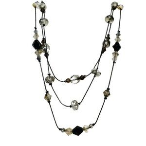 Vintage Faceted Shimmering Glass Beaded Gun Metal Multi 3 Tier Necklace 18”